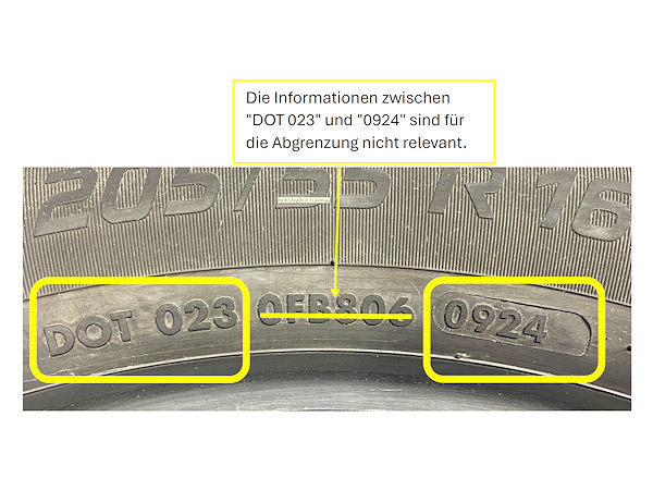 Potenziell von dem Rückruf betroffene Reifen können anhand ihrer mit „023“ beginnenden und mit „0924“ endenden DOT-Nummer identifiziert werden, wobei der Teil dazwischen für die Abgrenzung der auszusondernden Produkte/Größen keine Rolle spielt (Bild: Apollo Tyres)