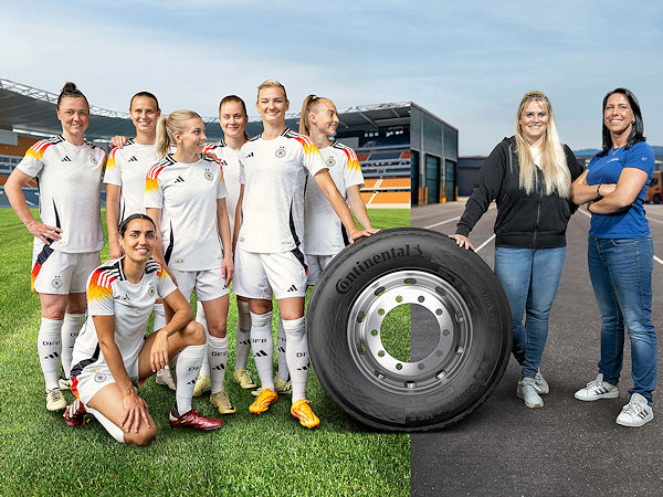 Bei der neuen Conti-Kampagne, die von Berufskraftfahrerinnen und Truck-Influencerinnen gemeinsam mit der deutschen Fußballnationalmannschaft der Frauen präsentiert wird, soll die fünfte Generation der „Eco“ genannten Lkw-Reifenlinie des Herstellers im Fokus stehen (Bild: Continental)