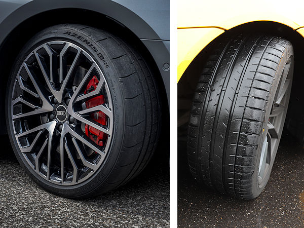 Wie unschwer schon am abweichenden Profildesign erkennbar ist, handelt es sich bei dem „Azenis RS820“ für die Erstausrüstung des Audi S3 (links) um eine spezielle OE-Variante des Reifens mit demselben Namen, den Falken aktuell in 38 Größen als Nachrüstversion (rechts) im europäischen Markt anbietet (Bilder: Audi, NRZ/Arno Borchers)