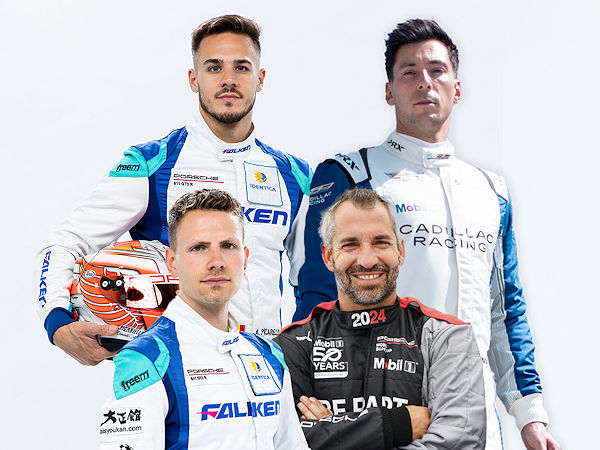 Klemmen sich beim NLS-Lauf an diesem Wochenende hinters Lenkrad des Falken-Porsche mit der Startnummer vier (von links oben im Uhrzeigersinn): Alessio Picariello, Alex Lynn, Timo Glock und Nico Menzel (Bild: Falken)