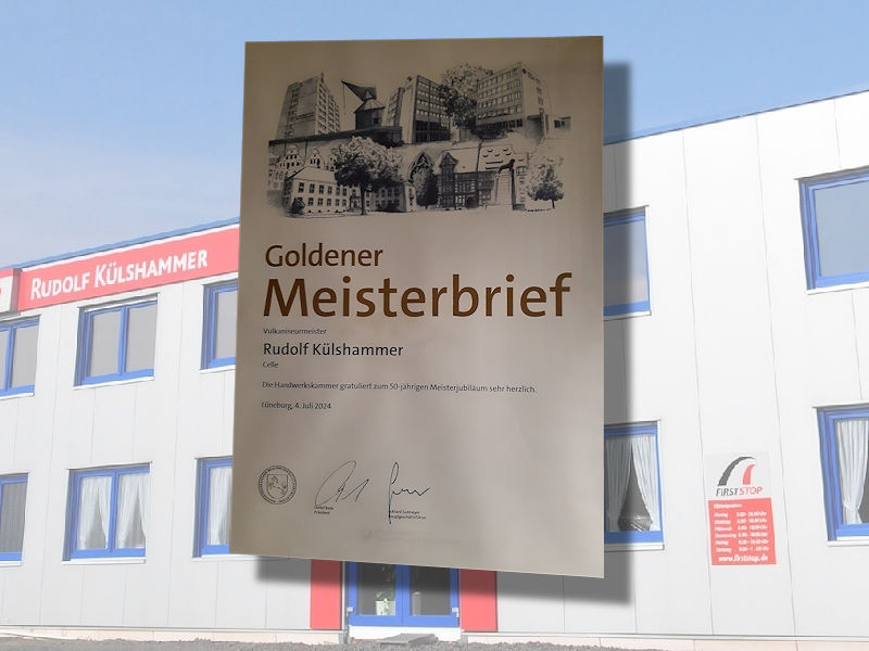 Die Handwerkskammer Stade-Lüneburg hat Rudolf Külshammer für seine 50-jährige Meistertätigkeit als Vulkaniseurmeister geehrt (Bilder: Reifen Külshammer)