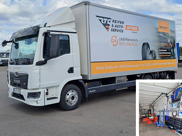 Mit dem neuen Pannenfahrzeug betreibt der RTC-Gesellschafter Reifen Kuttnick nunmehr zwei Siebeneinhalbtonner-Lkw für den mobilen Service, wobei das neue Fahrzeug über modernste Ausstattung verfügen soll (Bilder: RTC Reifen Kuttnick)