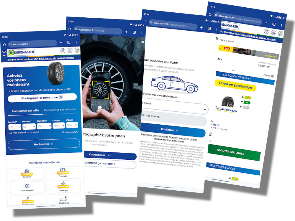 Mittels dem auf den mobilen Webseiten von Euromaster Frankreich integrierten „Tyremotion“-Tool gelangen Kunden in weniger Schritten über das Abfotografieren der Räder ihres Autos mit ihrem Smartphone zu für ihr jeweiliges Fahrzeug passenden Bereifungsvorschlägen (Bild: NRZ/Christian Marx)