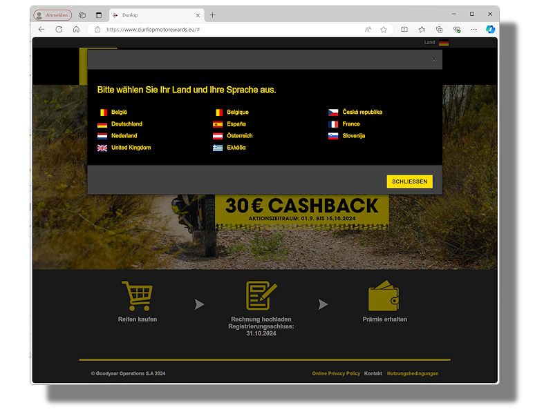 Die Aktion läuft in mehreren Ländern der EU, in deren Rahmen Dunlop Käufern bestimmter seiner Motorradreifen nach einer Registrierung unter www.dunlopmotorewards.eu eine 30-Euro-Rückerstattung verspricht, aber auch in Großbritannien, wo es 30 Pfund Cashback sind (Bild: Screenshot)