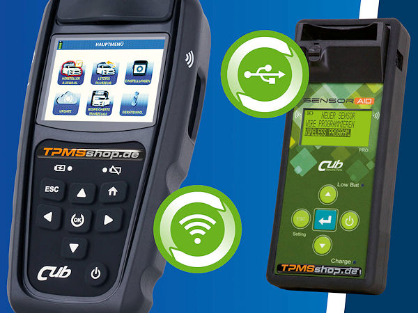 Während mit dem Cub-Programmiergerät „Sensor AID 4.0“ (links) das Firmware-Update auf Version 1.65 direkt aus dem Tool heruntergeladen und installiert werden kann, ist bei dem Vorgängermodell „Sensor AID“ der dritten Generation der Umweg über den RTS-Webshop bzw. die dort auch bereitgestellt Software „Cub Update Platform“ nötig (Bild: RTS)