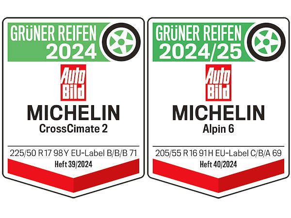Nach seinen diesjährigen Ganzjahres- und von Winterreifentest hat AutoBild auch wieder „Grüner-Reifen“-Umweltsiegel in beiden Produktkategorien vergeben, wobei hier wie da jeweils ein Michelin-Profil den Titel holen konnte (Bilder: AutoBild)